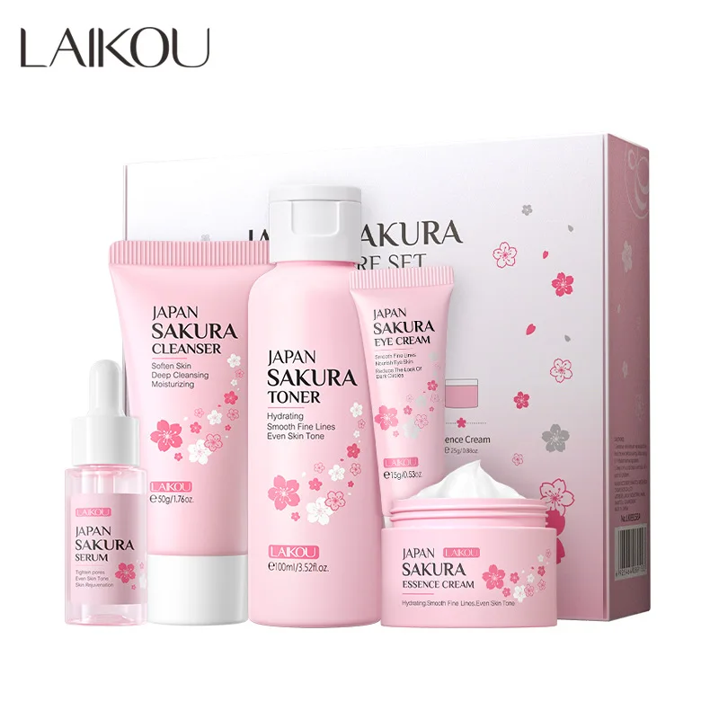 Korean Skincare Routine - LAIKOU ชุดผลิตภัณฑ์ดูแลผิวซากุระ ช่วยเพิ่มความชุ่มชื้นและลดริ้วรอย ผลิตภัณฑ์ทำความสะอาดรูขุมขน 5 ชิ้น