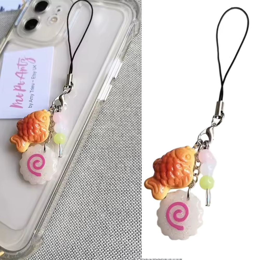Tteokbokki Rice Cake - น่ารักอะคริลิคปลาหมึกสีชมพูม้วนเชือกโทรศัพท์ Taiyaki Narutomaki เค้กปลาพวงกุญแจกระเป๋าพวงกุญแจอุปกรณ์เสริมของขวัญเพื่อน