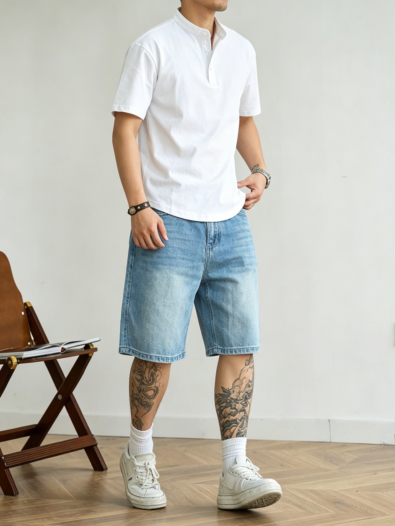 Korean Men Lifestyle - กางเกงยีนส์ขาสั้นทรงหลวมสีน้ำเงิน ผ้าไม่ยืด สไตล์ลำลองสำหรับผู้ชาย วัสดุทนทาน เหมาะสำหรับชีวิตประจำวัน กิจกรรมกลางแจ้ง